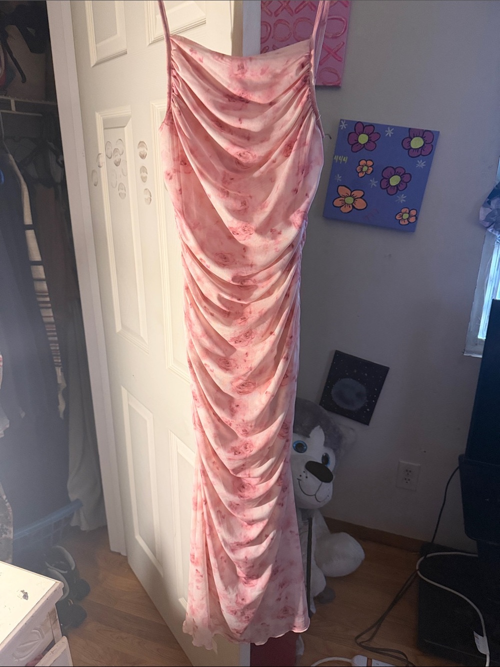 SHEIN Pink Floral Ruched Satin Maxi Dress